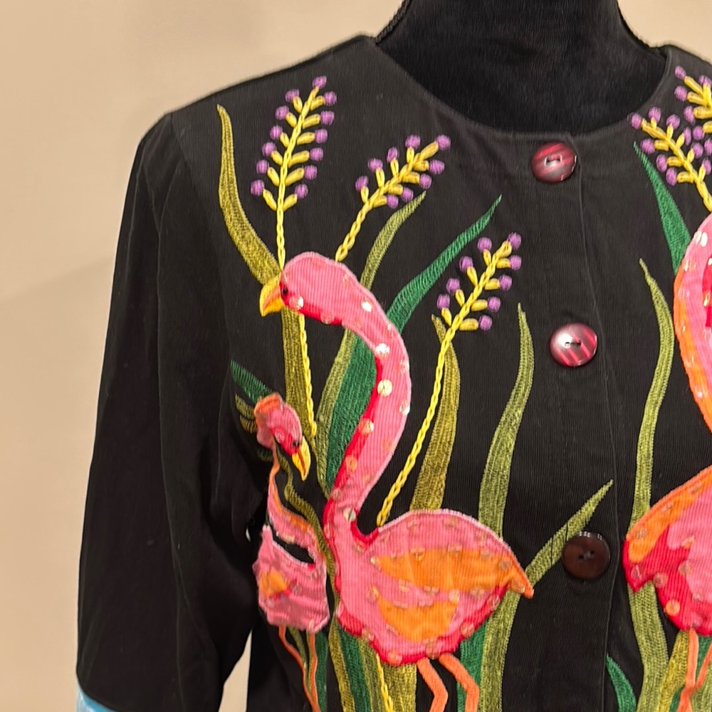 Parsley & Sage Black Cardigan Top with Sequin, Appliqué, Embroidered Flamingos - Picture 3 of 9
